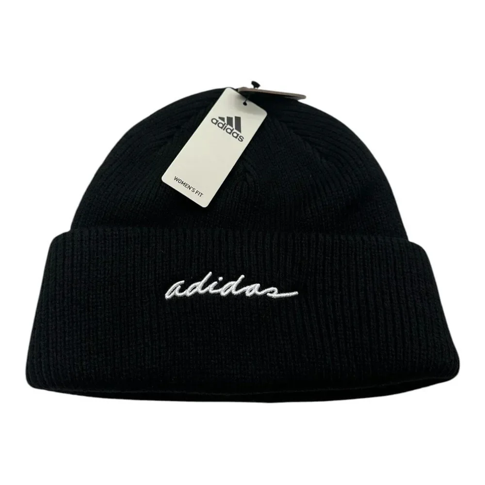 Adidas Script Fold Beanie Women's One Size Hat Winter‎ Cap Black Knit